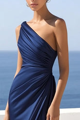 Einschulteriges Marineblaues Meerjungfrauen Ballkleid mit Rüschen